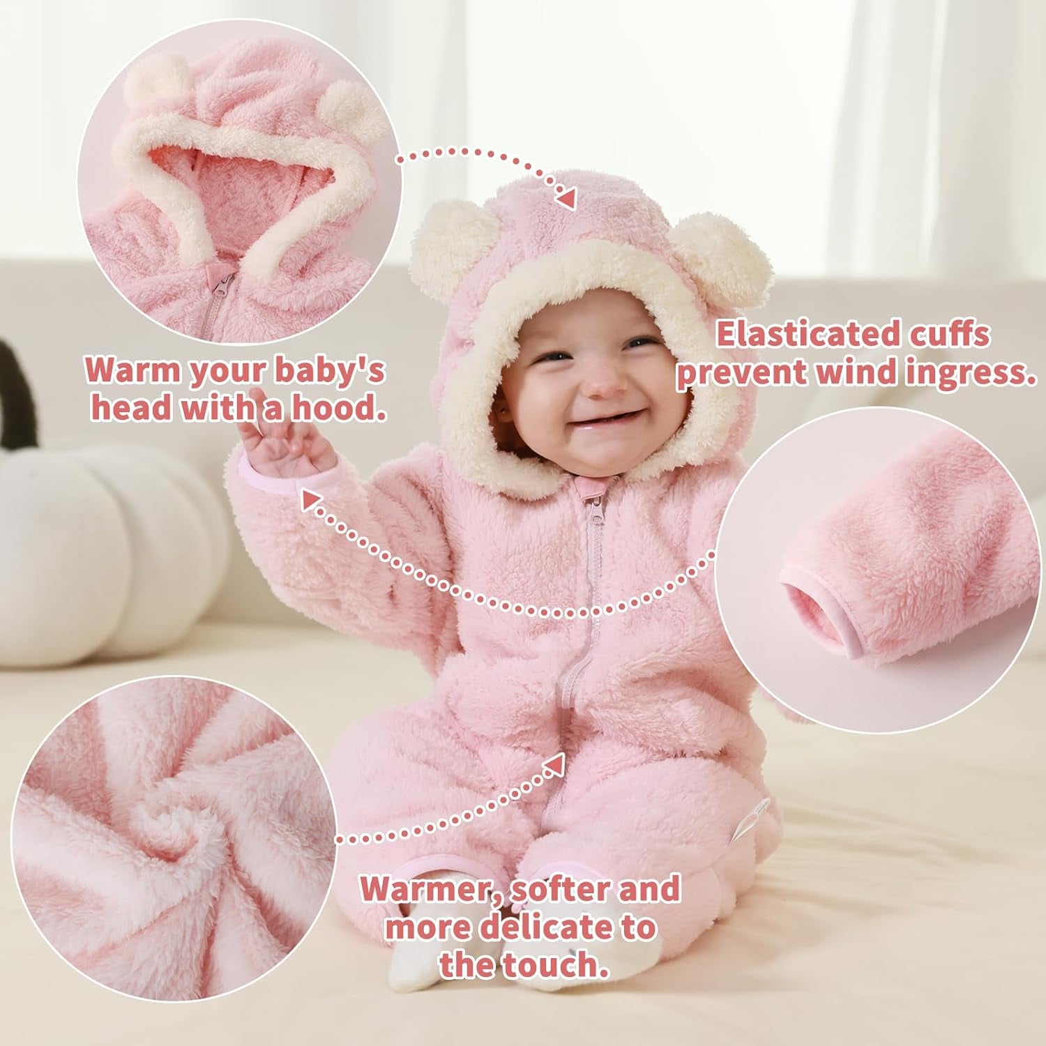 Newborn Baby Bear Outfit Suit with Fold-Over Mittens Footies Girls Boys Winter Fleece Clothes Hooded Romper Snowsuit