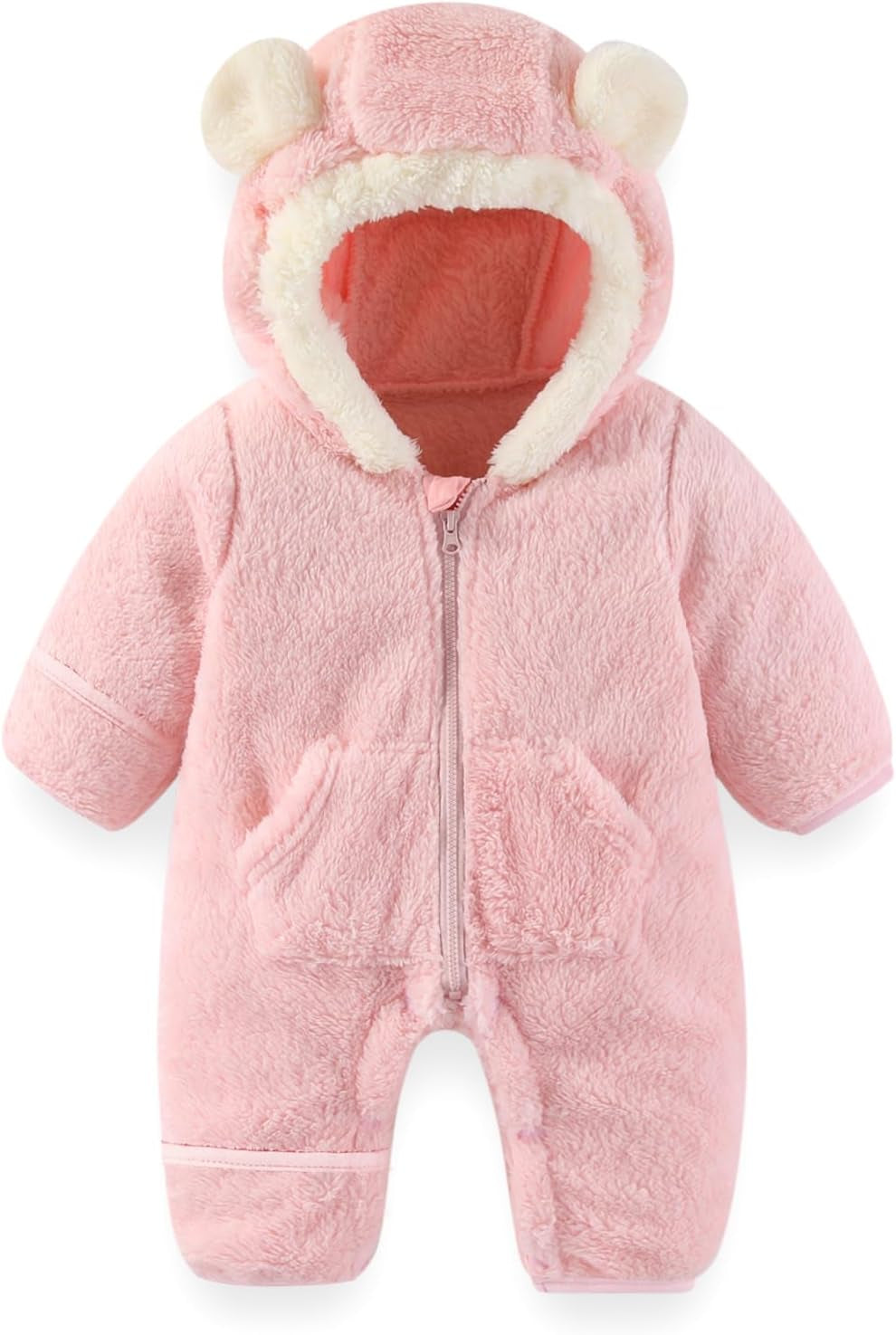 Newborn Baby Bear Outfit Suit with Fold-Over Mittens Footies Girls Boys Winter Fleece Clothes Hooded Romper Snowsuit