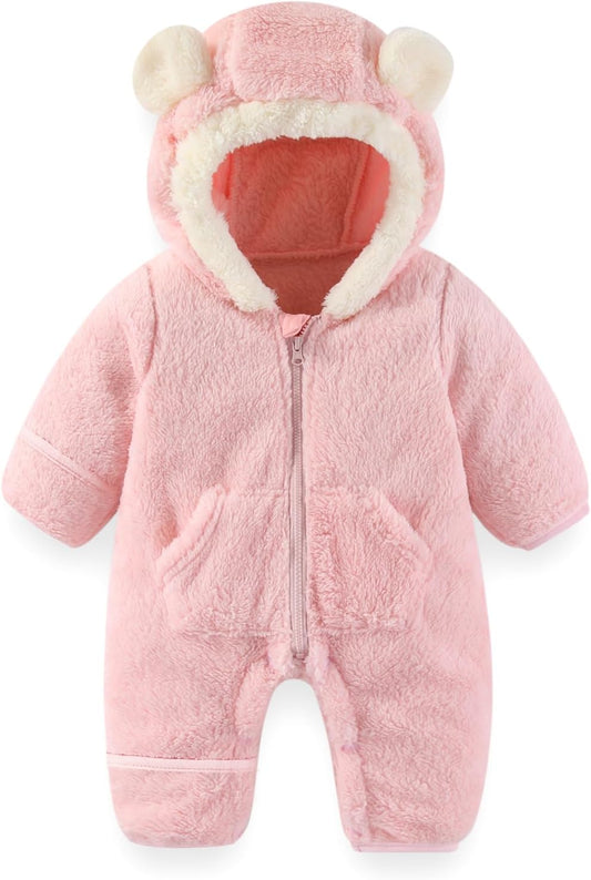 Newborn Baby Bear Outfit Suit with Fold-Over Mittens Footies Girls Boys Winter Fleece Clothes Hooded Romper Snowsuit