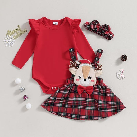 Christmas Baby Girl Outfit Newborn Cute Elk Fly Sleeve Romper Overall Dress Infant Girls Fall Winter Skirt Set