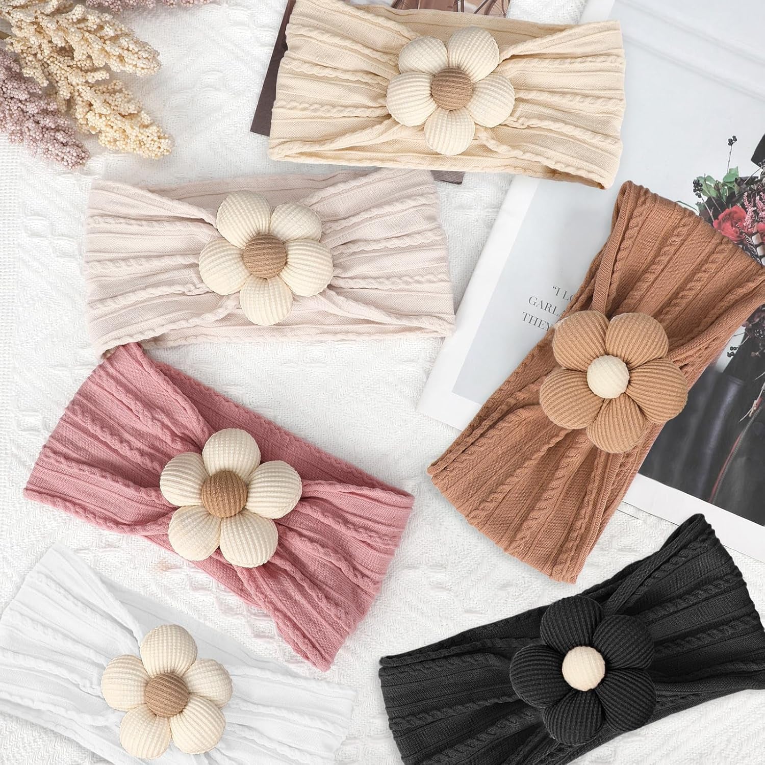 3 Pcs Baby Flower Headbands Baby Girls Nylon Headband Soft Hairbands Hair Accessories for Newborn Infant Toddler Kids (Beige Pink Khaki)
