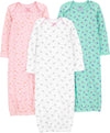 Baby Girls' Cotton Sleeper Gown, Pack of 3, Pink/Mint Green/White, Newborn