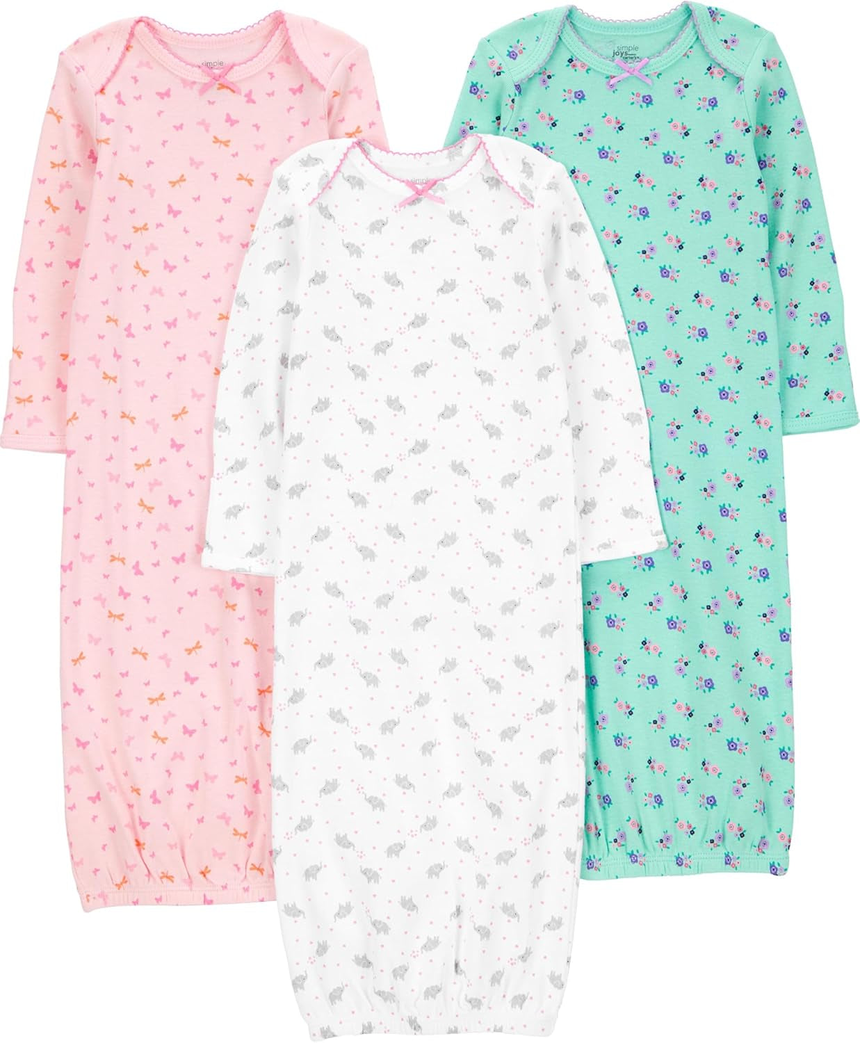 Baby Girls' Cotton Sleeper Gown, Pack of 3, Pink/Mint Green/White, Newborn