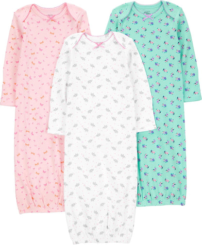 Baby Girls' Cotton Sleeper Gown, Pack of 3, Pink/Mint Green/White, Newborn