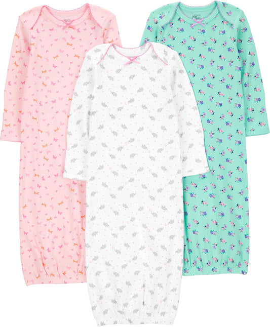 Baby Girls' Cotton Sleeper Gown, Pack of 3, Pink/Mint Green/White, 0-3 Months