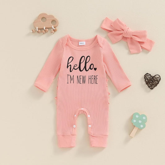 Im New Here Newborn Outfit Girl Long Sleeve Letter Romper Ribbed Knit Jumpsuit Baby Girl Preemie Coming Home Outfit